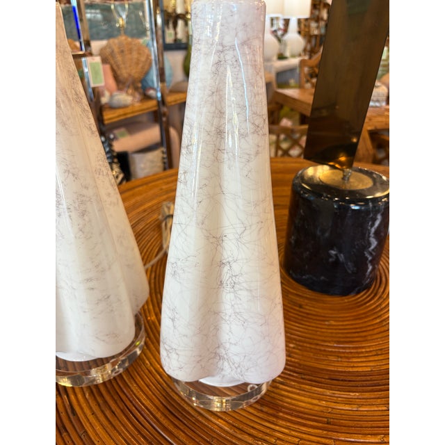 Vintage Murano Style Glass Fluted Scalloped Table Lamps Metallic Veins Newly Wired - a Pair For Sale - Image 10 of 12