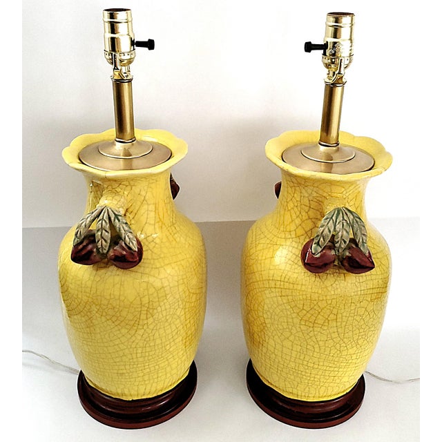 Mid 20th Century Lamps Chinese Crackled Yellow Pomegranate Pair For Sale - Image 5 of 14