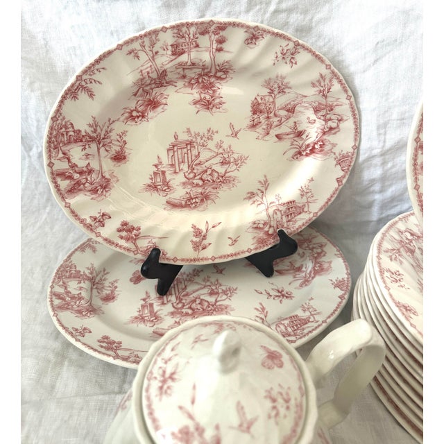 Vintage Pink Toile Chelsea Dinnerware by Queens. Set of 53 pieces. Perfect for a garden party or girls luncheon. Great to...