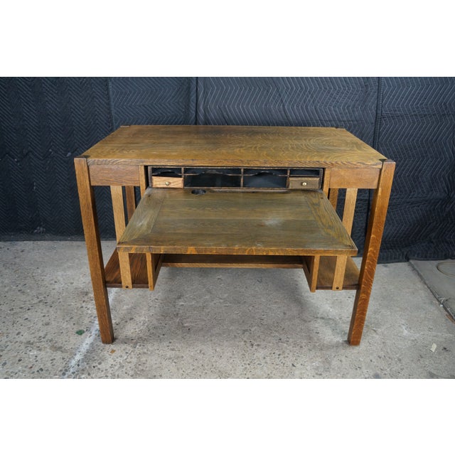 Antique Mission Arts Craft Quartersawn Oak Library Bookcase Table Desk Inkwell For Sale - Image 4 of 18