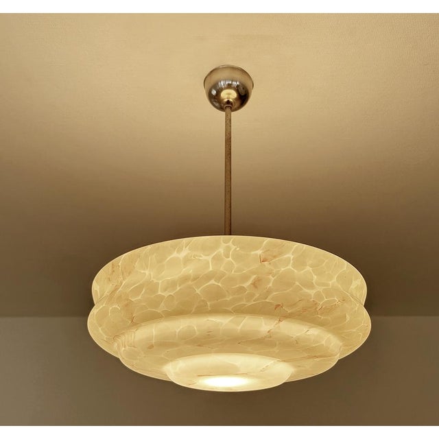 Art Deco pendant lamp, ivory / light amber mottled marble glass shade with butterscotch veins, polished aluminum...