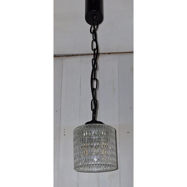 Vintage Pendant Lamp with Relief Glass Shade on Black Metal Mount, 1970s For Sale - Image 6 of 8