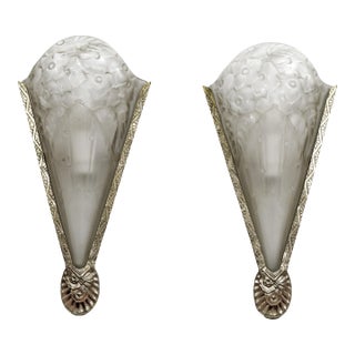 French Art Deco Ejg Floral Slip Shades Wall Sconces 1930s - A Pair For Sale