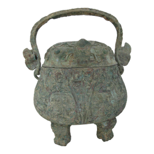 Chinese Bronze Ware Ritual Wine You Vessel Taotie Footed Pot With Handle & Lid
