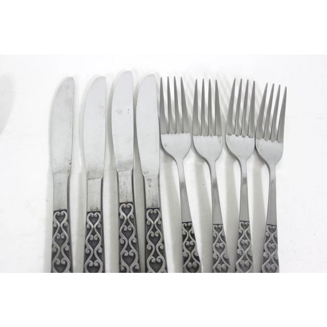 Mid-Century Modern 1960s Malta Japanese Mid Century Modern 4 Piece Setting for 4 Stainless Steel Black Detail Matching MCM Spoons Forks Knives 16 Pieces For Sale - Image 3 of 10