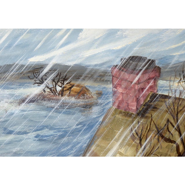 Dramatic depiction of a flood by an unknown artist (20th Century). Flood waters have risen and are rushing through a town,...