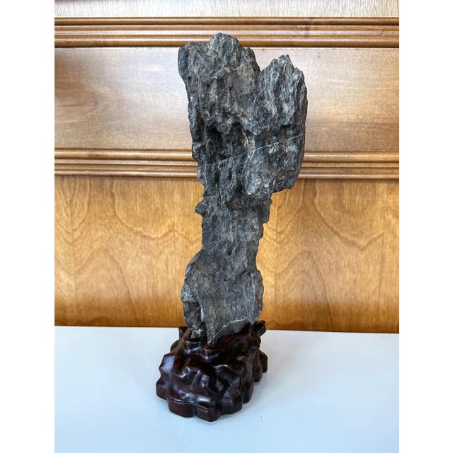 Antique Chinese Scholar Rock Yingde Stone on Display Stand For Sale - Image 10 of 12