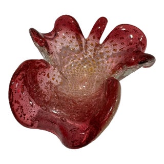 Vintage Murano Style Pink Art Glass Freeform Bowl With Gold Aventurine For Sale