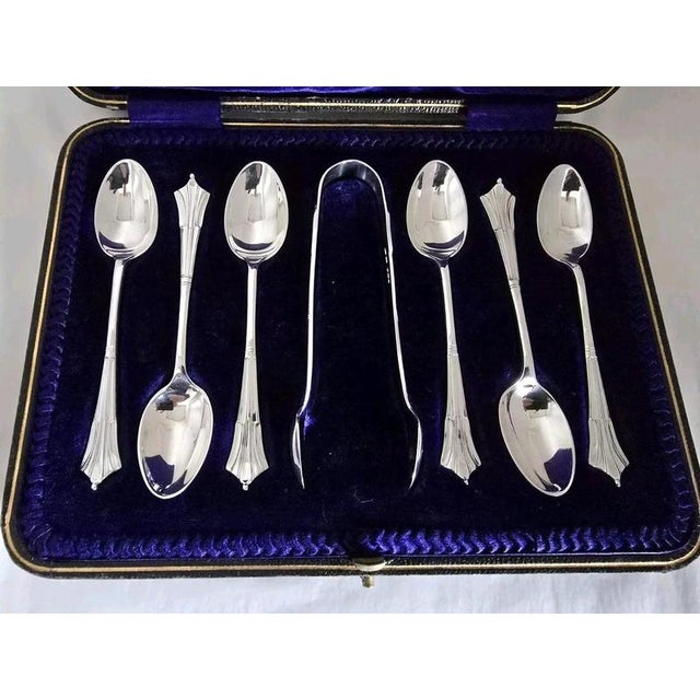 Antique Sterling Silver Teaspoon & Tongs Set, 1908, Set of 7 For Sale - Image 3 of 18