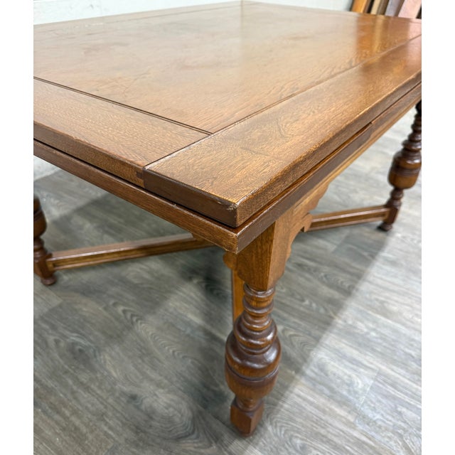 Vintage Old English Tudor Jacobean Revival Style Oak Draw Leaf Dining Table For Sale In Kansas City - Image 6 of 18