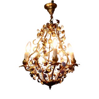 French Toleware Gilt and Ceramic Flower 5-Bulb Chandelier, 1930 For Sale