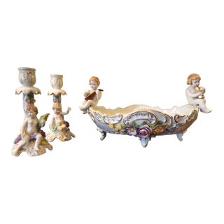 Early 20th Century German Porcelain Centerpiece Bowl and Candle Holders - 3 Piece Set For Sale