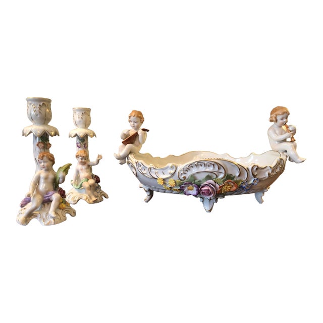 Early 20th Century German Porcelain Centerpiece Bowl and Candle Holders - 3 Piece Set For Sale