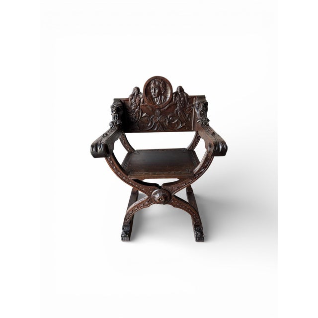 Late 19th Century Renaissance Italian Pair Chairs, Hand Carved Walnut Wood For Sale - Image 12 of 12