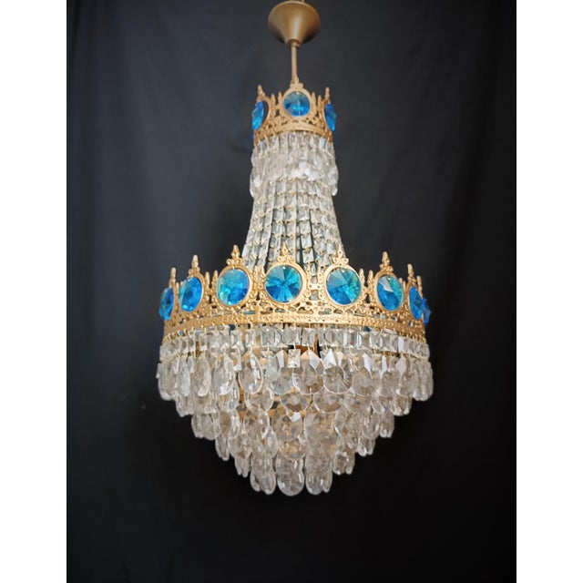 1960s Vintage Brass Aqua Blue Crystal Chandelier For Sale - Image 5 of 12