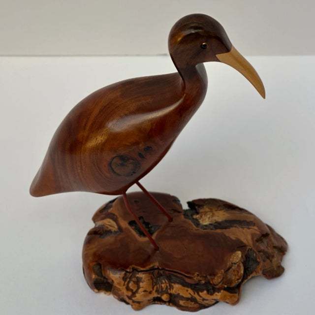 Wood Artist Signed Bruce Stamp Hand Carved Hardwood Shorebird Sculpture on Burl Base For Sale - Image 7 of 9