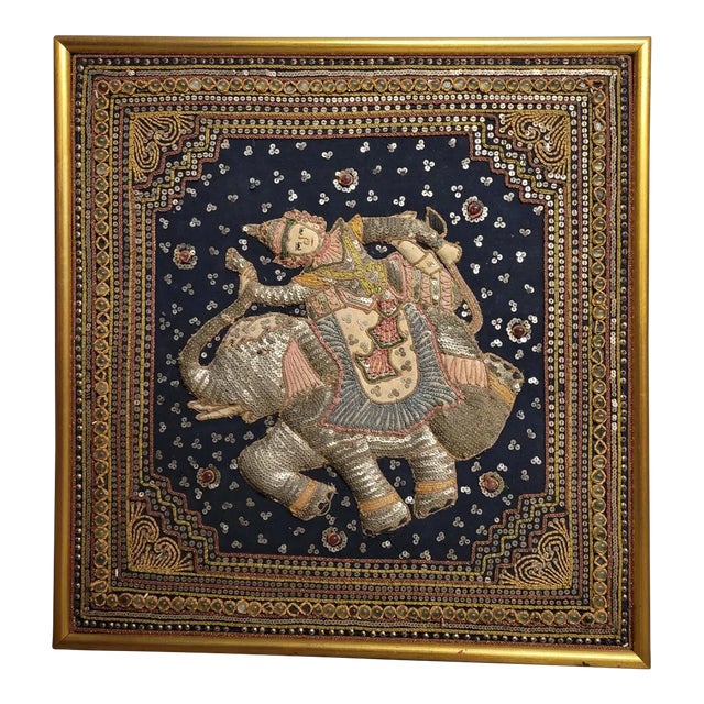 Framed Antique Myanmar Thai Burmese Kalaga Padded Tapestry With Elephant For Sale