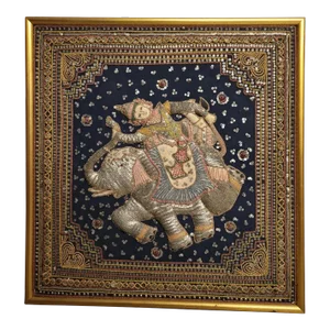 Framed Antique Myanmar Thai Burmese Kalaga Padded Tapestry With Elephant