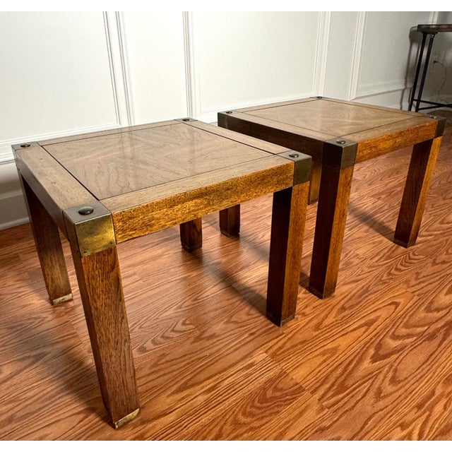 Camel Campaign Style Parquet Solid Wood & Brass Side Tables, a Pair For Sale - Image 8 of 10