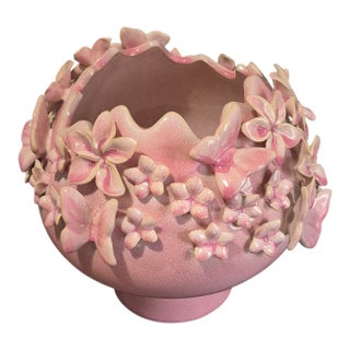 Vintage Italian Glazed Pottery Pink Floral Butterfly Rose Bowl Vase For Sale