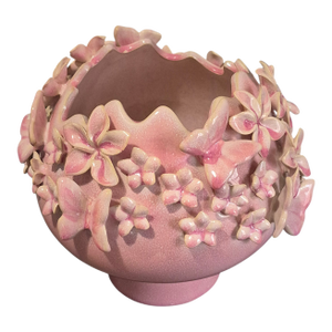 Vintage Italian Glazed Pottery Pink Floral Butterfly Rose Bowl Vase