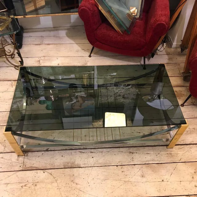 1970s Italian Mid-Century Modern Brass, Steel and Smoked Glass Coffee Table For Sale - Image 9 of 12
