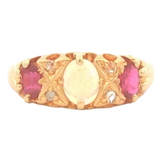 Mid 20th Century 17k Gold Opal and Ruby Ring, Size 6.75 For Sale