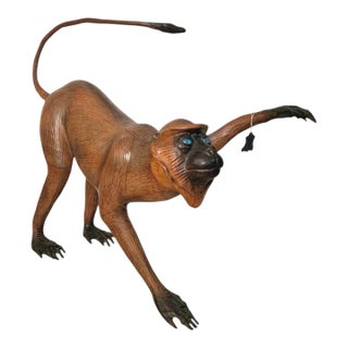 Late 20th Century Large Leather-Wrapped Monkey Figure With Glass Eyes, Safari Sculpture, 24"h For Sale