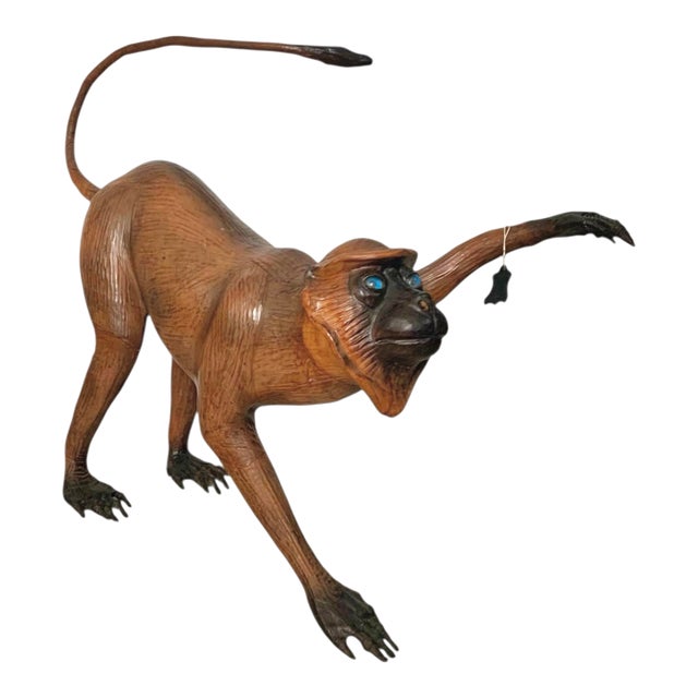 Late 20th Century Large Leather-Wrapped Monkey Figure With Glass Eyes, Safari Sculpture, 24"h For Sale