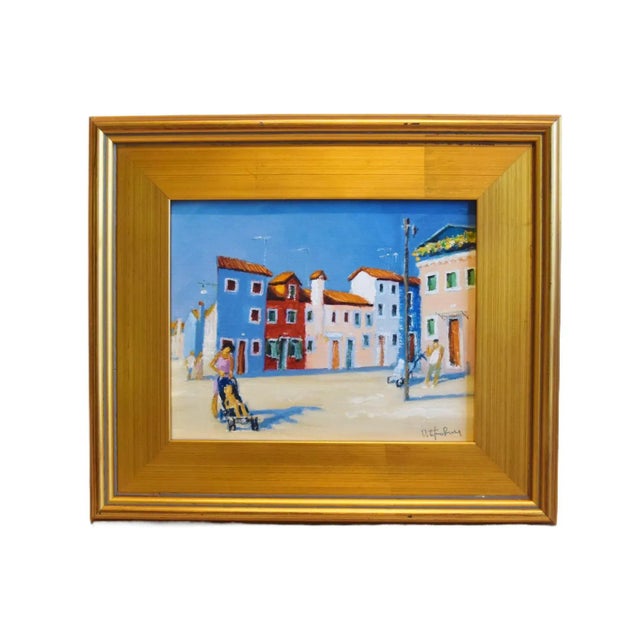 Wood Colorful Mediterranean Seaside Village Cityscape Painting Including the Antiqued Gold Wood Frame For Sale - Image 7 of 7