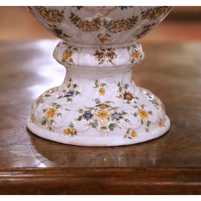 Pair of 19th Century French Moustiers Faience Vases With Ram’s Head Handles For Sale - Image 9 of 12