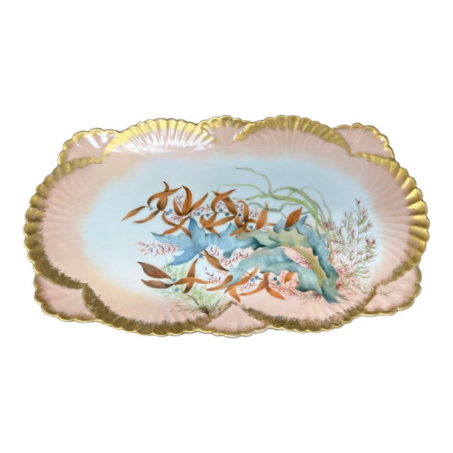 Antique Hand-Painted Limoges Porcelain Charger, Art Nouveau Marine Botanical, France c.1900 For Sale