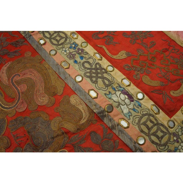 1920s Red Foo Dog Antique Chinese Silk Textiles Embroidery 3' X 3' Rug For Sale - Image 11 of 14