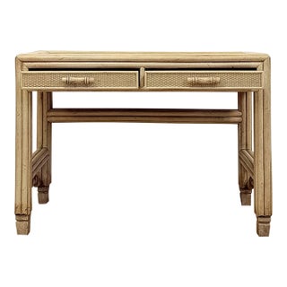Vintage Ficks Reed Style Faux Bamboo Petite Desk With Drawers Wicker Coastal MCM For Sale