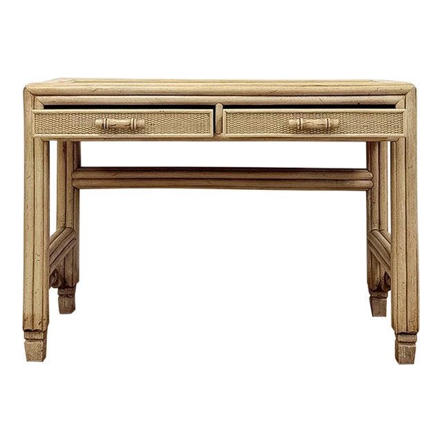 Vintage Ficks Reed Style Faux Bamboo Petite Desk With Drawers Wicker Coastal MCM For Sale