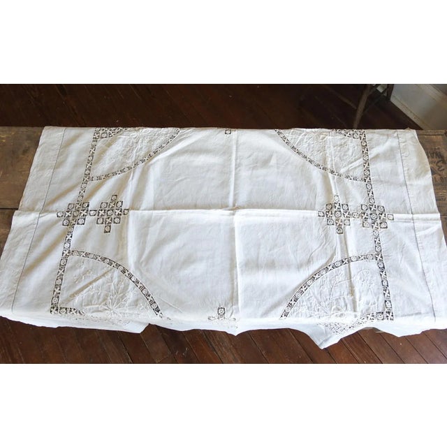 Antique White Linen Open Work Tablecloth For Sale - Image 4 of 8