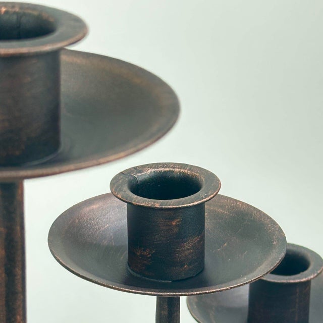 2020s Hand Forged Iron Candelabra Set of 3 (93-113cm) Antique Copper Finish Barley Twist Stem with Deep Cylindrical Cups For Sale - Image 5 of 9