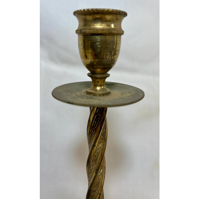 Late 19th Century Pair of Antique Victorian Twisted Brass and Gold Trimmed Porcelain Candlesticks From England - Circa 19th Century For Sale - Image 5 of 10