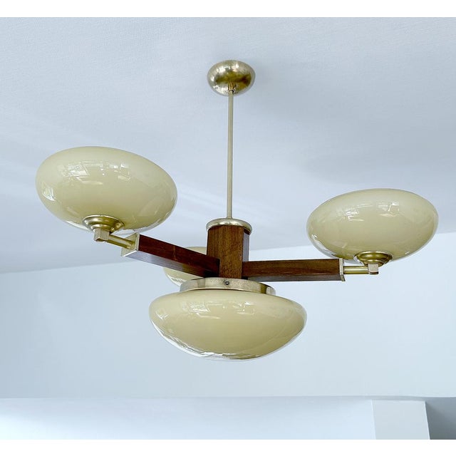 Modern Art Deco Pendant Light in Wood & Glass, 1930s For Sale - Image 3 of 16