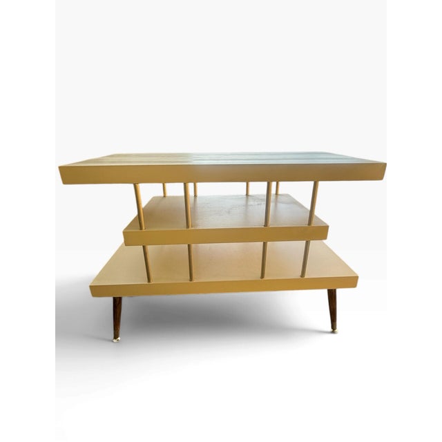 1960s Vintage Mid-Century Modern Three-Tier Tangerine Console Table With Walnut and Gold Accents For Sale - Image 5 of 10