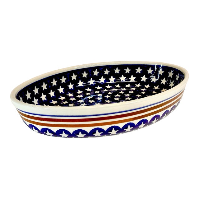 1980s Vintage Arts & Crafts Americana Boho Chic Boleslawiec Pottery Oval Baker Serving Dish - 4th of July For Sale