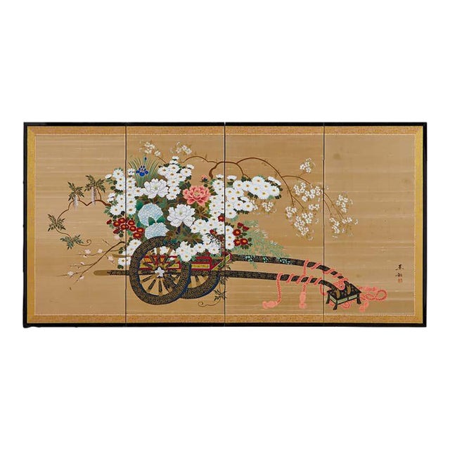 Japanese Four-Panel Showa Screen Hanaguruma Flower Cart ~ Original For Sale