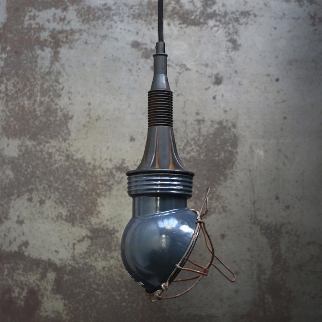 1950s Vintage Industrial Blue Enamel Work Light Pendant Lamp For Sale - Image 5 of 6