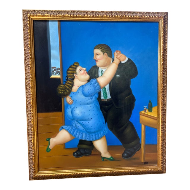 Late 20th Century Fernando Botero (After) “Dancing Couple” Oil on Canvas, 27” X 23” Framed For Sale