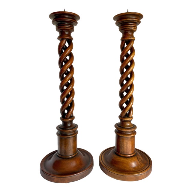Pair of Theodore Alexander Barley Twist Extra Tall Wood Candlestick Holders For Sale