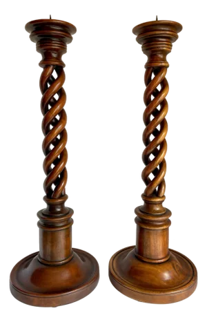 Pair of Theodore Alexander Barley Twist Extra Tall Wood Candlestick Holders