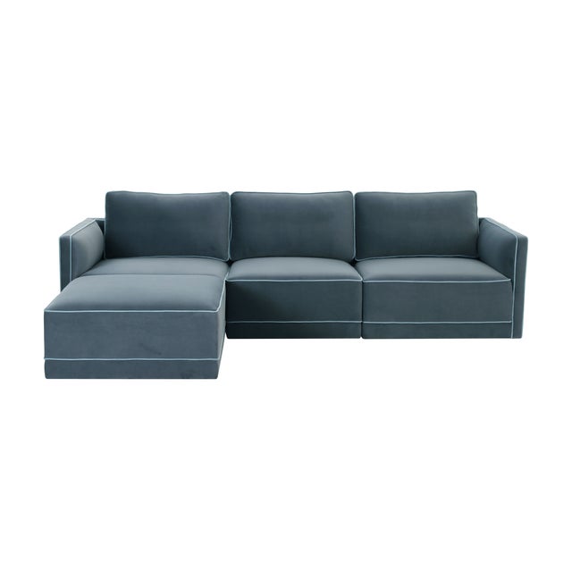 Willow Misty Blue with Pale Blue Piping Modular 4-Piece Performance Velvet Sectional For Sale - Image 4 of 7