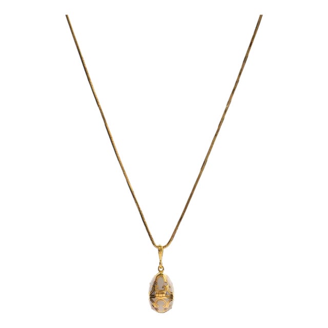 Lucky Clover White Enamel Egg Gold Necklace For Sale
