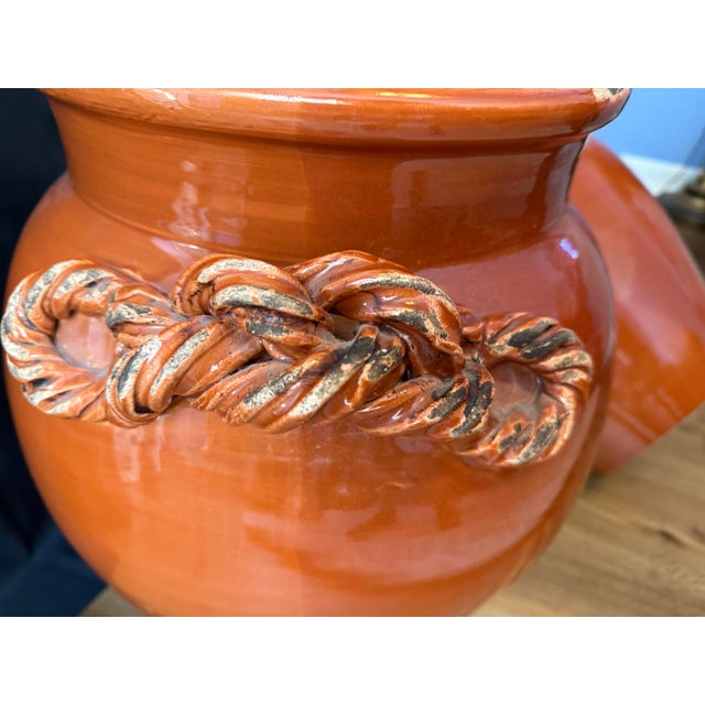 Italian Pair of Large Vintage Vietri Italian Terracotta Vases With Braided Rope Handles For Sale - Image 3 of 6