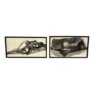 Pair of 1960’s Abstract Watercolor Drawings of Nude Women, Framed